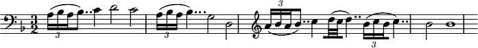 
\header {
  tagline = ##f
}

\score {
  \new Staff \with {

  }
<<
  \relative c' {
  \clef bass
  \key d \minor
  \time 3/2
  \tempo 2 = 72
  \set Staff.midiInstrument = #"harpsichord" 
    \override TupletBracket #'bracket-visibility = ##f 
    %\autoBeamOff

     %%%%%%% effet
    { \times 2/3 { a16( bes a } bes8..) } c4 d2 c | { \times 2/3 { a16( bes a } bes4...) } g2 d |
    \clef treble 
    { \times 2/3 { a''16[( bes a } bes8..]) } c4 [d32( c d4..)] { \times 2/3 { bes16[( c bes } c4..)] }
    bes2 bes1 

  }
>>
  \layout {
     \context { \Score \remove "Metronome_mark_engraver" }
  }
  \midi {}
}
