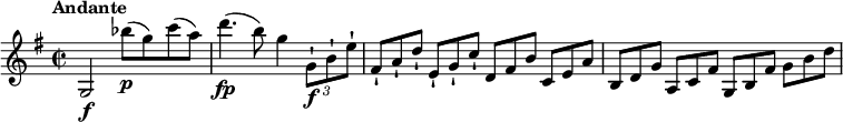 
\relative c'' {
  \version "2.18.2"
  \key g \major
   \time 2/2
  \tempo "Andante"
  g,2 \f bes''8\p (g) c (a)
  d4. \fp (b8) g4 \tuplet 3/2 { g,8-!\f b-! e-! } \scaleDurations 2/3 { fis,8-! [a-! d-!] } \scaleDurations 2/3 {e,-! [g-! c-!]} \scaleDurations 2/3 {d, [fis b]} \scaleDurations 2/3 {c, [e a]}
  \scaleDurations 2/3 {b, [d g]} \scaleDurations 2/3 {a, [c fis]} \scaleDurations 2/3 {g, [b fis']} \scaleDurations 2/3 {g [b d]}
}
