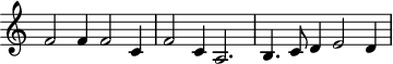 
\header {
  tagline = ##f
}

\score {
  \new Staff \with {
     \remove "Time_signature_engraver"
  }
<<
  \relative c' {
    \key c \major
    %\clef bass
    \time 3/2
    \override TupletBracket #'bracket-visibility = ##f 

     %%% f° 67
     f2 f4 f2 c4 f2 c4 a2. b4. c8 d4 e2 d4

  }
>>
  \layout {
     \context { \Score \remove "Metronome_mark_engraver" }
  }
  \midi {}
}
