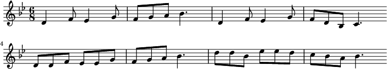 
\new Staff <<
\clef treble \key bes \major {
      \time 6/8 \partial 2.
      \relative d' {
	d4 f8 es4 g8 | f8 g a bes4. | d,4 f8 es4 g8 | f8 d bes c4. \bar"" \break
        d8 d f es es g | f8 g a bes4. | d8 d bes es es d | c8 bes a bes4. \bar"" \break
      }
    }
%\new Lyrics \lyricmode {
%}
>>
\layout { indent = #0 }
\midi { \tempo 4. = 56 }
