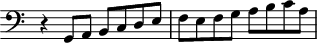 
\header {
  tagline = ##f
}

\score {
  \new Staff \with {
     \remove "Time_signature_engraver"
  }
<<
  \relative c {
    \key c \major
    \clef bass
    \time 2/2
    \override TupletBracket #'bracket-visibility = ##f 

     %%% f° 32
     r4 g8 a b c d e f e f g a b c a

  }
>>
  \layout {
     \context { \Score \remove "Metronome_mark_engraver" }
  }
  \midi {}
}
