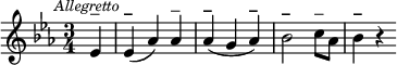 \relative c' {\clef treble
\key ees \major
\time 3/4
\override Score.RehearsalMark #'break-align-symbol = #'time-signature
\mark \markup { \small \italic "Allegretto" }
\partial 4*1 ees4^\markup{–} |
ees^\markup{\bold –}( aes) aes^\markup{–} | 
aes^\markup{\bold –}( g aes^\markup{\bold –}) | 
bes2^\markup{\bold –} c8^\markup{–} aes | 
bes4^\markup{\bold –} r4}
