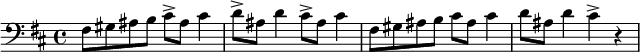 
\relative c'' {
\time 4/4
\set Staff.midiInstrument = #"pizzicato strings"
\set Score.tempoHideNote = ##t \tempo 4 = 100
\clef bass
  \override TupletBracket #'stencil = ##f
  \key b\minor
  % Permit first bar number to be printed
  \bar ""
fis,,8 gis ais b cis-> ais cis4 | d8-> ais d4 cis8-> ais cis4 | fis,8 gis ais b cis ais cis4| d8 ais d4 cis4-> r
}
