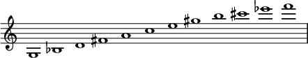 
{
\override Score.TimeSignature
#'stencil = ##f
\override Score.SpacingSpanner.strict-note-spacing = ##t
  \set Score.proportionalNotationDuration = #(ly:make-moment 3/2)
    \relative c' {
        \time 12/1
        \set Score.tempoHideNote = ##t \tempo 1 = 60
        g1 bes d fis a c e gis b cis ees f
    }
}
