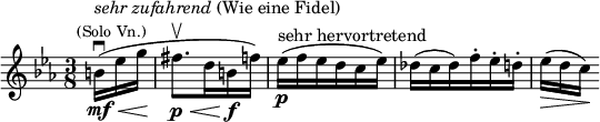  \relative c'' { \clef treble \time 3/8 \key c \minor \partial 16*3 b16\downbow\mf(\<^\markup{ \column { \line { \italic "sehr zufahrend" (Wie eine Fidel) } \line { \center-align \smaller {(Solo Vn.)}} }} ees g\! | fis8.\upbow\p\< d16 b\!\f f') | ees(\p^\markup "sehr hervortretend" f ees d c ees) | des( c des) f-. ees-. d-. | ees(\>[ d c\!)] } 