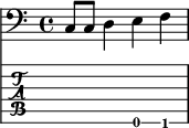 
<<
\new Staff {\clef bass
    \relative {
      c8 c d4 e f
    }}

\new TabStaff \with {
    stringTunings = #bass-tuning
  } {
    \relative {
      c,8 c d4 e f
    }
}

>>
