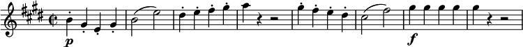 
\relative b' {
 \version "2.18.2"
 \key e \major \time 2/2
 \set Score.tempoHideNote = ##t \tempo 1 = 116
 \set Staff.midiInstrument = "violin"

 b4-.\p gis-. e-. gis-. |
 b2( e) |
 dis4-. e-. fis-. gis-. |
 a4 r r2 |
 gis4-. fis-. e-. dis-. |
 cis2( fis) |
 gis4\f gis gis gis |
 gis r4 r2 |
}
