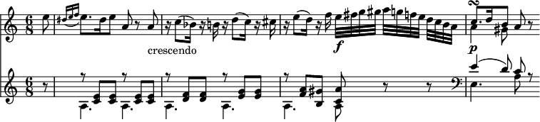 
<<
\relative a''
\new Staff {
\key a \minor
\time 6/8
\set Score.tempoHideNote = ##t
\tempo 8 = 120
\partial 8
e8
\set Score.currentBarNumber = #85
\grace { dis16 [ (e16 f 16] }
e8.) dis16 e8 a, r  a_"crescendo"
r16 c8 (bes16) r16 b16 r16
d8 (c16) r16 cis16 |
r16 e8
(d16) r16 f16
e32\f [fis g gis] a [g f e] d [c b a]
 <<
      {
        \voiceOne
        c8.\p\turn d16 b8
      }
      \new Voice {
        \voiceTwo
        a4 gis8
      }
    >>
    \oneVoice
a8 r8
}
\new Staff {
\set Staff.midiInstrument = #"fortepiano"
\set Staff.midiMaximumVolume = #0.3
r8
 <<
      {
        \voiceOne
r8 <c' e'>8 <c' e'>8  r8 <c' e'>8 <c' e'>8  r8 <d' f'>8 <d' f'>8  r8 <e' g'>8 <e' g'>8  r8 <f' a'>8 <b gis'>8 <c' a'>8
      }
      \new Voice {
        \voiceTwo
a4. a a a
a a8 
      }
    >>
\oneVoice
r8 r8
 <<
      {
        \voiceOne
e'4 (d'8) c' r
      }
      \new Voice {
        \voiceTwo
\clef "bass"
e4. a8
      }
    >>
}
>>
