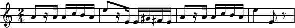 
\header {
  tagline = ##f
}

\score {
  \new Staff \with {

  }
<<
  \relative c'' {
    \key c \major
    \time 2/4
    \override TupletBracket #'bracket-visibility = ##f
    \set Staff.midiInstrument = #"violin"
    \tempo 4 = 100

     %%%%%%%%%%%%%%%%%%%%%%%%%% {{24e|caprice}}
     a8[ r16 a16] a c b a e'8[ r16 e,16] e gis fis e a8[ r16 a16] a c b a e'4 e,8 r8

  }
>>
  \layout {
     \context { \Score \remove "Metronome_mark_engraver" }
  }
  \midi {}
}
