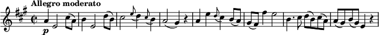 
\relative c'' {
  \version "2.18.2"
  \key a \major
  \time 2/2
  \tempo "Allegro moderato"
  \tempo 4 = 120 
  a4\p e2 cis'8( a) |\noBreak
  b4 e,2 d'8( b) |\noBreak
  cis2 \appoggiatura e8 d4 \appoggiatura cis8 b4 |\noBreak
  a2( gis4) r |\noBreak
  a4 e' \appoggiatura d8 cis4 b8( a) |\noBreak
  gis8( fis) fis'4 e2 |\noBreak
  b4. cis8 d8( b) cis( a) |\noBreak
  a( gis) b( gis) e4 r
}
