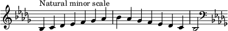  {
\override Score.TimeSignature #'stencil = ##f
\relative c' {
  \clef treble \key bes \minor \time 7/4
  bes4^\markup { Natural minor scale } c des es f ges aes bes aes ges f es des c bes2
  \clef bass \key bes \minor
} }

