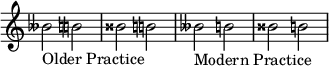  {
\omit Score.TimeSignature \relative c'' {
  beses2_"Older Practice" \tweak Accidental.restore-first ##t b bisis \tweak Accidental.restore-first ##t b beses_"Modern Practice" b bisis b
} }
