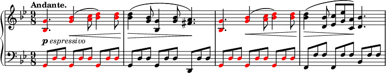 
 \relative c' {
  \new PianoStaff <<
   \new Staff { \key g \minor \time 9/8 \tempo "Andante." \tempo 8 = 96
   \set Score.tempoHideNote = ##t
    \override Voice.NoteHead.color = #(rgb-color 1 0 0) <g' bes,>4._\markup { \dynamic p \italic espressivo } <bes g>4\<( <c a>8 <d bes>4) <d bes>8 \override Voice.NoteHead.color = #(rgb-color 0 0 0) <d bes>4(\> <bes g>8 <g bes,>4 <bes g>8 <a fis>4.)\!
    \override Voice.NoteHead.color = #(rgb-color 1 0 0) <g bes,> <bes g>4\<( <c a>8 <d bes>4) <d bes>8 \override Voice.NoteHead.color = #(rgb-color 0 0 0) <d bes>4\>( <bes d,>8 <c es,> <es g,> <a, c,>\!) <bes d,>4.
   }
   \new Staff { \key g \minor \time 9/8 \clef bass \stemUp
    \override Voice.NoteHead.color = #(rgb-color 1 0 0) g,,8 d' d g, d' d g, d' d \override Voice.NoteHead.color = #(rgb-color 0 0 0) | g, d' d g, d' d d, d' d \override Voice.NoteHead.color = #(rgb-color 1 0 0) | g, d' d g, d' d g, d' d \override Voice.NoteHead.color = #(rgb-color 0 0 0) | f, f' f f, f' f bes, f' f |
   }
  >>
 }
