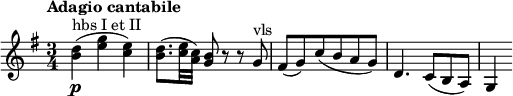 
\relative c'' {
    \version "2.18.2"
     \key g \major
     \time 3/4
     \tempo "Adagio cantabile"
     \tempo 4 = 60
  <b d> ^\markup{ hbs I et II } \p (<e g> < c e>)
  <b d>8. (<c e>32 <a c>) <g b>8 r  r g ^\markup{ vls } fis (g) c (b a g) d4. c8 (b a) g4
}
