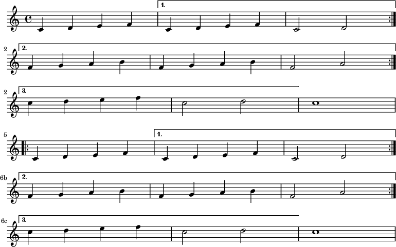 {
\relative c'{
  \set Score.alternativeNumberingStyle = #'numbers
  \repeat volta 3 { c4 d e f | }
    \alternative {
      { c4 d e f | c2 d \break }
      { f4 g a b | f4 g a b | f2 a | \break }
      { c4 d e f | c2 d }
    }
  c1 \break
  \set Score.alternativeNumberingStyle = #'numbers-with-letters
  \repeat volta 3 { c,4 d e f | }
    \alternative {
      { c4 d e f | c2 d \break }
      { f4 g a b | f4 g a b | f2 a | \break }
      { c4 d e f | c2 d }
    }
  c1
}
}