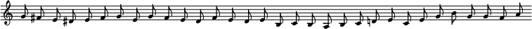 
  \new Staff \with { midiInstrument = "violin" \magnifyStaff #5/7 }
  \relative e' { 
    \set Score.tempoHideNote = ##t
    \key a \minor
    \once \override Staff.TimeSignature #'stencil = ##f
    \time 33/8
    \tempo 8 = 108
     \autoBeamOff g8 fis e dis e fis g e g fis e dis fis e dis e b c b a b c d e c e g b g g fis a
  }
  \layout {
    \context {
      \Score
      \override SpacingSpanner.base-shortest-duration = #(ly:make-moment 1/32)
    }
  }
