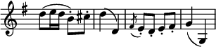 
 \relative c' {
  \new Staff \with { \remove "Time_signature_engraver" } { \key g \major \time 2/4
   d'8 (e16 d b8\staccato) cis\staccato d4 (d,) \acciaccatura fis8 e8\staccato d\staccato e\staccato fis\staccato g4 (g,)
  }
 }
