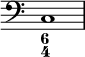 
{
\clef bass
\time 4/4 
<<
\override Score.TimeSignature
#'stencil = ##f
\relative c { 
   <c>1
   }
  \figures {
    <6 4>
  }
>>
}
