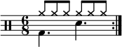     \new Staff <<
       \new voice \relative c' {
           \clef percussion
           \numericTimeSignature
           \time 6/8
           \set Score.tempoHideNote = ##t \tempo 4. = 80
           \stemDown \repeat volta 2 { g4. d' }
       }
       \new voice \relative c'' {
           \override NoteHead.style = #'cross
           \stemUp \repeat volta 2 { a8 a a  a a a }
       }
   >>