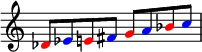 
 {
\override Score.TimeSignature #'stencil = ##f
\relative c' {
  \clef treble \key c \major 
  \once \override NoteHead.color = #red des8 \once \override NoteHead.color = #blue es \once \override NoteHead.color = #red e! \once \override NoteHead.color = #blue fis \once \override NoteHead.color = #red g \once \override NoteHead.color = #blue a \once \override NoteHead.color = #red bes \once \override NoteHead.color = #blue c
} }
