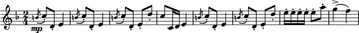 
{ \time 2/4
\key f \major
\relative c'' {
  \acciaccatura b8\mp( c-.) d,-. e4 |
  \acciaccatura b'8( c-.) d,-. e4 |
  \acciaccatura b'8( c-.) d,-. e-. d'-. |
  c c,16 d e4 | \acciaccatura b'8( c-.) d,-. e4 |
  \acciaccatura b'8( c_.) d,-. e-. d'-. |
  e16-. e-. e-. e-. e8-. a-. | g4->( f)
  }
}
