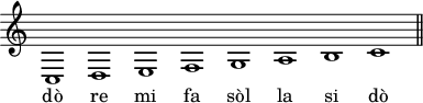 
\header {
  tagline = ##f
}

\score {
  \new Staff \with {
    \remove "Time_signature_engraver"
  }
  \relative c' {
    \time 8/1
    \tempo 1 = 55
    \autoBeamOff
    \clef treble
    \override Rest #'style = #'classical

    c,1 d e f g a b c
    
    \bar "||"
  }
  \addlyrics {
    dò re mi fa sòl la si dò
    
  }
  \layout {
    \context {
      \Score
      \remove "Metronome_mark_engraver"
    }
  }
  \midi {}
}
