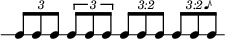  {
\override Score.TimeSignature #'stencil = ##f
\new RhythmicStaff {
   \clef percussion
   \time 5/4
   \set Score.tempoHideNote = ##t \tempo 4 = 100
   \tuplet 3/2 { c8 c c }
   \once \override TupletBracket.bracket-visibility = ##t \tuplet 3/2 { c8 c c }
   \once \override TupletNumber.text = "3:2" \tuplet 3/2 { c8 c c }
   \once \override TupletNumber.text = "3:2♪" \tuplet 3/2 { c8 c c }
} }
