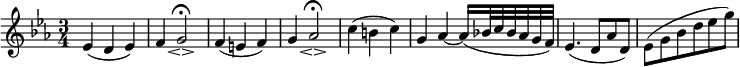 
\relative es' {
  \key es \major \time 3/4
  es4( d es)
  f4 g2\espressivo \fermata
  f4( e f)
  g4 as2 \espressivo \fermata
  c4( b c)
  g4 as~ as16( bes!32 c bes as g f)
  es4.( d8 as' d,)
  es8( g bes d es g)
} 