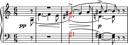 
 {
 \new PianoStaff <<
 \new Staff <<
 \new Voice \relative c'' {
 \clef treble \key a \minor \time 6/8
 \voiceOne \partial8 b8\rest R2. \once \override NoteHead.color = #red gis4.->(~ gis4 a8 ais8-> b4~ b8) \oneVoice r r
 }
 \new Voice \relative c' {
 \override DynamicLineSpanner.staff-padding = #4.5
 \once \override DynamicText.X-offset = #-5
 \voiceTwo \partial8 a\pp( f'4.~\< f4 e8 \once \override NoteHead.color = #red dis2.)(\> d!4.)~\p d8
 }
 >>
 \new Staff <<
 \relative c {
 \clef bass \key a \minor \time 6/8
 \partial8 r8 R2. \once \override NoteHead.color = #red <f b>2.( <e gis>4.)~ <e gis>8 r r
 }
 >>
 >> }
