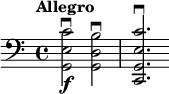 
    \relative c {
        \time 4/4
        \clef bass
        \tempo "Allegro"
        <g e' c'>2 \f \downbow <g d' b'> \downbow
        <c, g' e' c'>2. \downbow
    }
