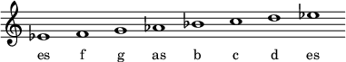 
\relative f'{
\override Staff.TimeSignature #'stencil = ##f
\cadenzaOn es1 f g as bes c d es \cadenzaOff
}
\addlyrics { \small {
es f g as b c d es
} }
