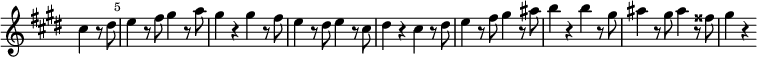 
\relative c'' \new Staff \with { \remove "Time_signature_engraver" } {
 \version "2.18.2"
 \key cis \minor \time 2/2
 \set Score.tempoHideNote = ##t \tempo 2 = 132
 \set Staff.midiInstrument = "violin"

 \partial 2 cis4 r8 dis |
 \once \override Score.BarNumber #'break-visibility = ##(#f #t #t) \set Score.currentBarNumber = #5 \bar "|"

 e4 r8 fis gis4 r8 a |
 gis4 r gis r8 fis |
 e4 r8 dis e4 r8 cis |
 dis4 r cis r8 dis |
 e4 r8 fis gis4 r8 ais |
 b4 r b r8 gis |
 ais4 r8 gis ais4 r8 fisis |
 gis4 r
}
