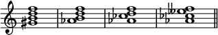 
{
\override Score.TimeSignature
#'stencil = ##f
    \relative c'' {
        \time 4/4
        <gis b d f>1 <aes b d f> <aes ces d f> <aes ces eses f>  \bar "||"
    }
}
