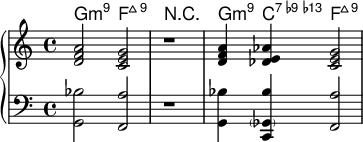 
<<\chords {g2:m9 f:maj9 r1 g4:m9 c:9-13- f2:maj9}


\new PianoStaff <<

 \relative c'  {\clef treble <d f a>2 <c e g> r1 <d f a>4  < des e aes><c e g>2}
  \new Staff \relative c { \clef bass <g bes'>2 <f a'> r1 <g bes'>4 << <c,   bes''> \parenthesize ges'>> <f a'>2}
>>

>> 