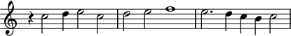 
\header {
  tagline = ##f
}

\score {
  \new Staff \with {
     \remove "Time_signature_engraver"
  }
<<
  \relative c'' {
    \key c \major
    %\clef bass
    \time 4/2
    \override TupletBracket #'bracket-visibility = ##f 

     %%% f° 105v
     r4 c2  d4 e2  c d e  f1  e2. d4 c b c2
  }
>>
  \layout {
     \context { \Score \remove "Metronome_mark_engraver" }
  }
  \midi {}
}
