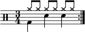 
    \new Staff <<
       \new voice \relative c' {
           \clef percussion
           \numericTimeSignature
           \time 3/4
           \set Score.tempoHideNote = ##t \tempo 4 = 100
           \stemDown \repeat volta 2 { g4 d' d }
       }
       \new voice \relative c'' {
           \override NoteHead.style = #'cross
           \stemUp \repeat volta 2 { a8[ a] a[ a] a[ a] }
       }
   >>