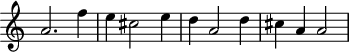 
\header {
  tagline = ##f
}

\score {
  \new Staff \with {
     \remove "Time_signature_engraver"
  }
<<
  \relative c'' {
    \key c \major
    %\clef bass
    \time 2/2
    \override TupletBracket #'bracket-visibility = ##f 

     %%% f° 95v-96
     a2.  f'4 e cis2 e4 d a2 d4  cis a a2

  }
>>
  \layout {
     \context { \Score \remove "Metronome_mark_engraver" }
  }
  \midi {}
}
