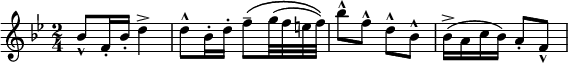 
\relative c'' { 
  \set Staff.midiInstrument = #"flute"
  \key bes \major
  \time 2/4
  bes8-^ f16-. bes-. d4-> | d8-^ bes16-. d-. f8\(-- g32( f e f)\) | bes8-^ f-^ d-^ bes-^ | bes16(-> a c bes) a8-. f-^
}
