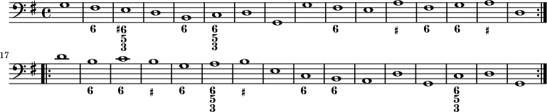 
<<
\relative c' {
    \version "2.18.2"
    \key g \major
    \time 4/4
    \tempo ""
    \clef bass
    g1  fis e d b c d g, 
    g' fis e a fis g a d, \bar ":|.|:" \break
    d' b c b g a b e, 
    c b a d g, c d g, \bar ":|."
}
\new FiguredBass {
  \figuremode {
    <_>1 <6> <6+ 5 3> <_> <6> <6 5 3> <_> <_>
    <_> <6> <_> <_+> <6> <6> <_+> <_>
    <_> <6> <6> <_+> <6> <6 5 3> <_+> <_>
    <6> <6> <_> <_> <_> <6 5 3> <_> <_>
  }
}
>>
