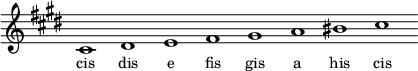 
\relative f'{
\key cis \minor
\override Staff.TimeSignature #'stencil = ##f
\cadenzaOn cis1 dis e fis gis a his cis \cadenzaOff
}
\addlyrics { \small {
cis dis e fis gis a his cis
} }
