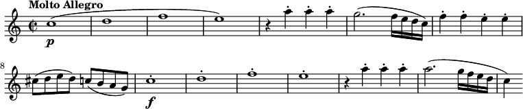 
\relative c'' {
  \version "2.18.2"
    \key c \major
    \time 2/2
    \set Staff.midiInstrument = "string ensemble 2"
    \tempo "Molto Allegro"
    \tempo 4 = 210
  c1\p ( d f e)
  r4  a4-. a-. a-.
   g2. (f16 e d c)
   f4-.  f-.  e-. e-.
   cis8 (d e d) c (b a g)
  c1-.\f  d-. f-. e-.
  r4  a4-. a-. a-.
   a2. (g16 f e d c4)
  }
