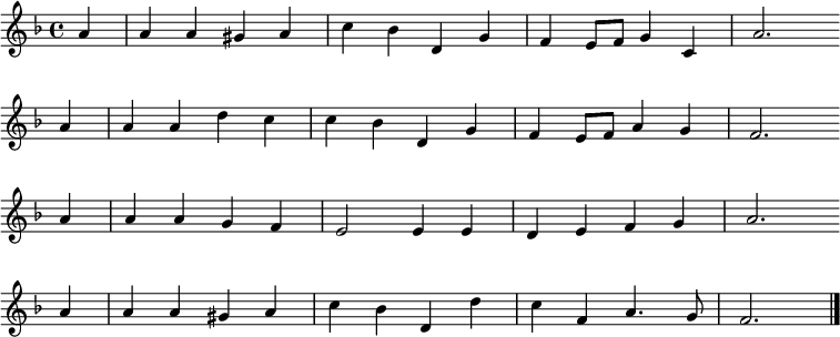 
\transpose c bes,
\new Staff <<
\clef treble \key g \major {
      \time 4/4 \partial 4     
      \relative g' {
	b4 | b b ais b | d c e, a | g fis8 g a4 d, | b'2. \bar"" \break 
        b4 | b b e d | d c e, a | g fis8 g b4 a | g2. \bar"" \break 
        b4 | b b a g | fis2 fis4 fis | e fis g a | b2. \bar"" \break
        b4 | b b ais b | d c e, e' | d g, b4. a8 | g2. \bar"|."
      }
    }
%\new Lyrics \lyricmode {
%}
>>
\layout { indent = #0 }
\midi { \tempo 4 = 80 }
