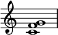 
{
\override Score.TimeSignature #'stencil = ##f
\relative c' {
   \clef treble
   \time 4/4
   \key c \major
   <c f g>1
} }
