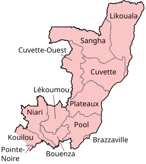 A clickable map of the Republic of the Congo exhibiting its twelve departments.