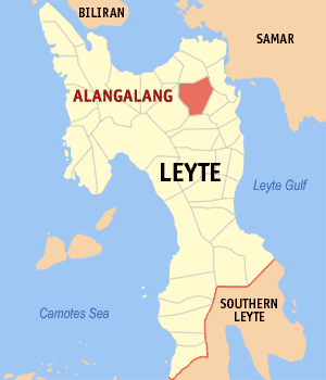 Mapa sa Leyte nga nagpakita kon asa nahimutang ang Alangalang