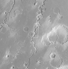 Wide view of Nanedi Valles, as seen by Viking 1 Orbiter. Box indicates the position of next image.