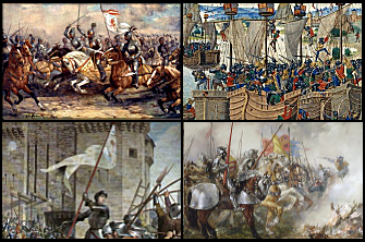 Bildmontage zum Hundertjährigen Krieg: Schlacht von Crécy, Schlacht von La Rochelle, Belagerung von Orléans, Schlacht von Agincourt