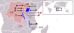 Het Grote Merengebied in Afrika met de betrokken landen.