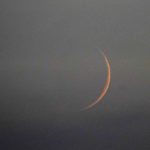 Tiefstehendes, im Dunst am 18. August 2023 über dem westlichen Horizont eine halbe Stunde nach Sinnenuntergang im Sternbild Löwe (Leo) untergehendes Neulicht mit einer Mondsichel von fünf Prozent. Die nördliche ekliptikale Breite des Mondes betrug zwei Bogengrad und die Höhe über dem Horizont vier Bogengrad.