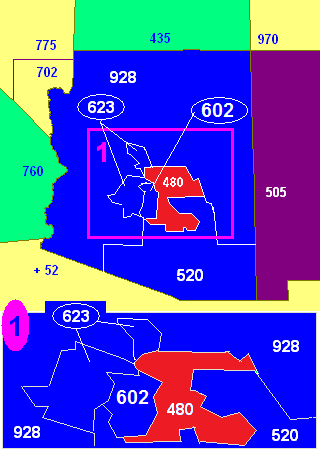 Map of Arizona area codes in blue (and border states) with 602 in red